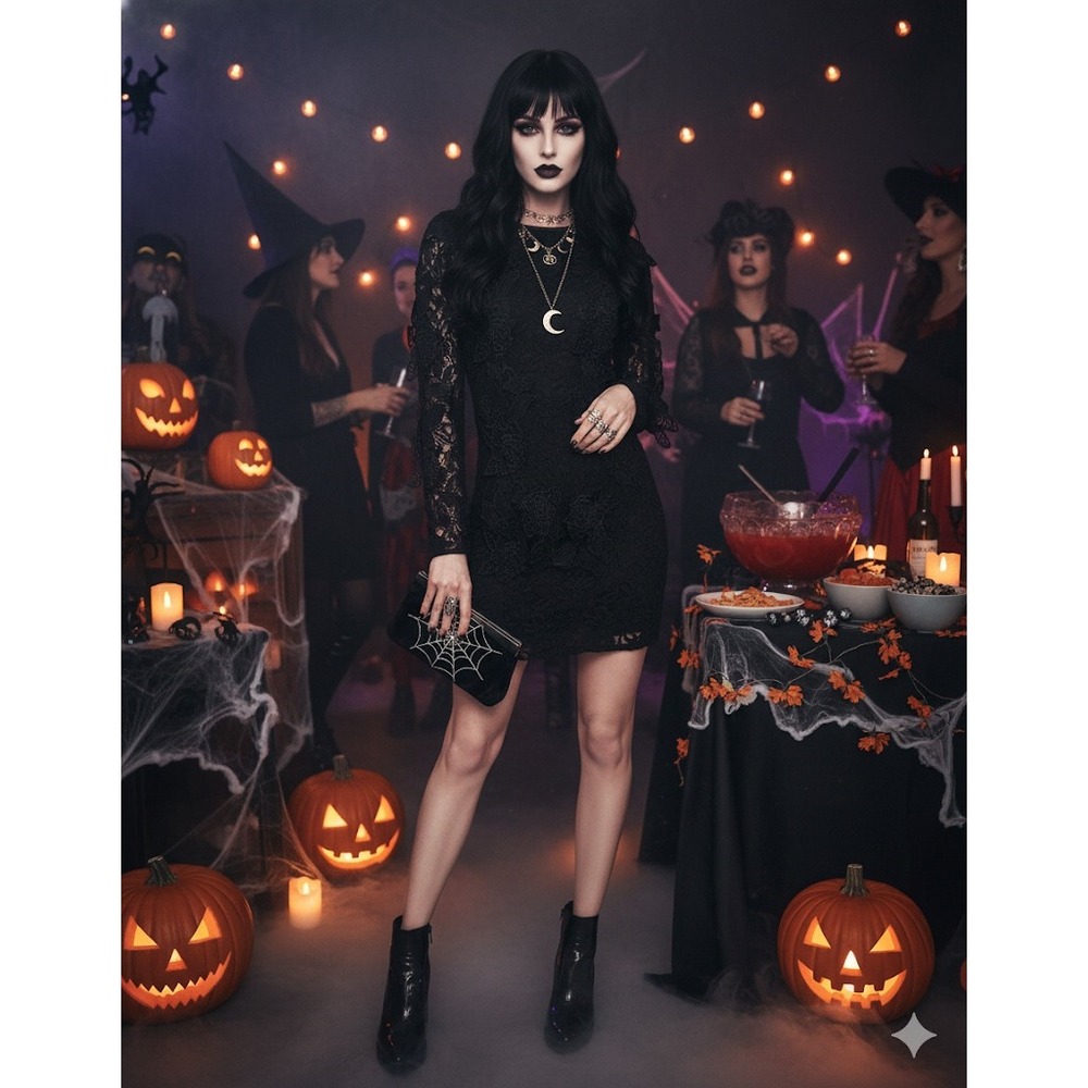 Slim Mini 3D Lace Bodycon Dress Sz. L Black See Through L/S Mob Wife Witchy Goth